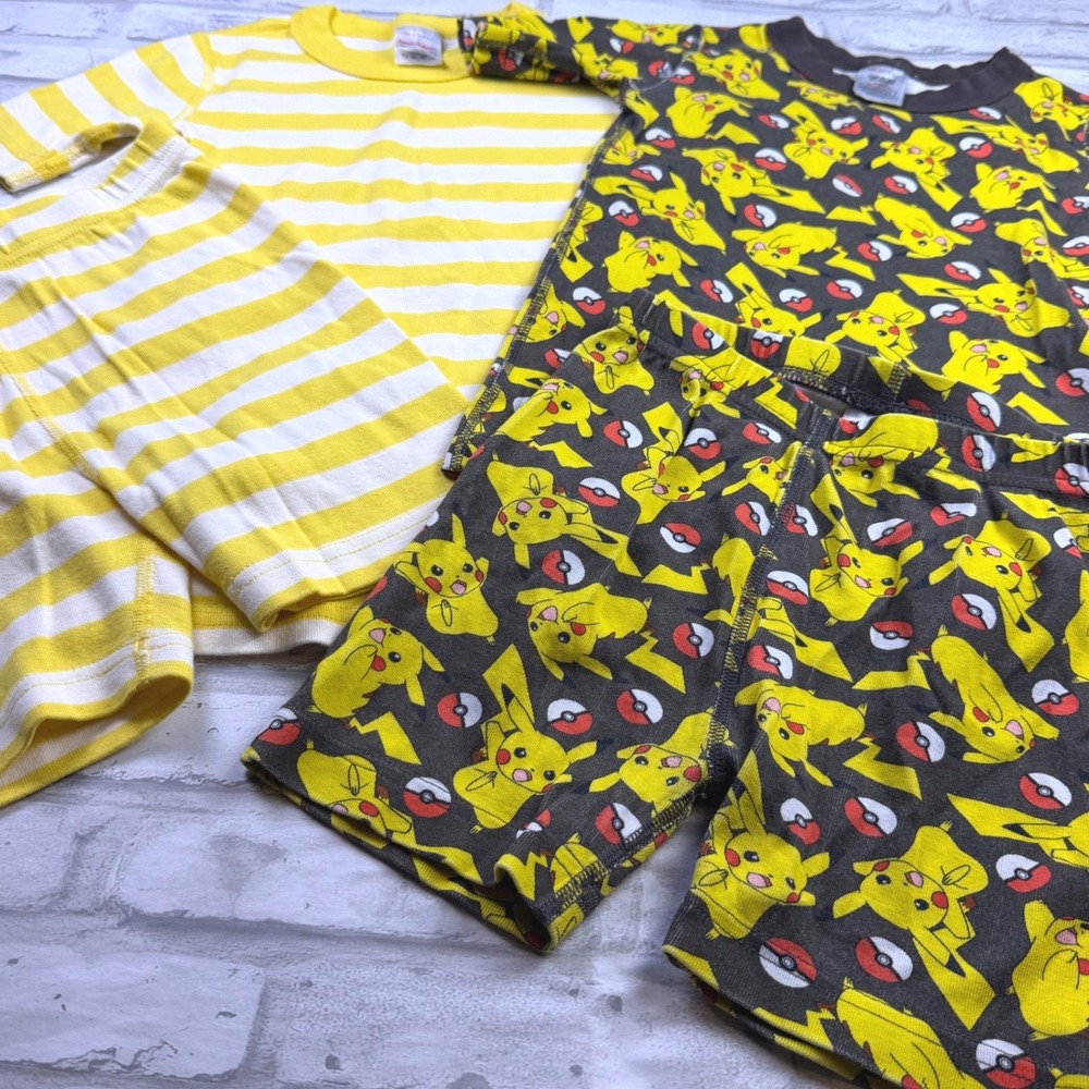 Hanna Andersson Pajama Set Kids 120 Pikachu Yellow Stripe Short Sleeve EUC